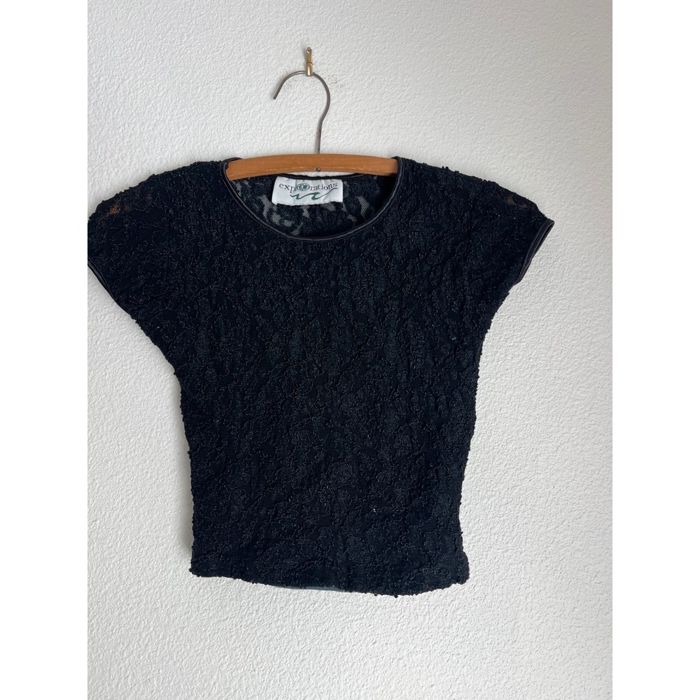 Explorations‎ Vintage Black Lace Textured Fitted Top Short Sleeve Blouse